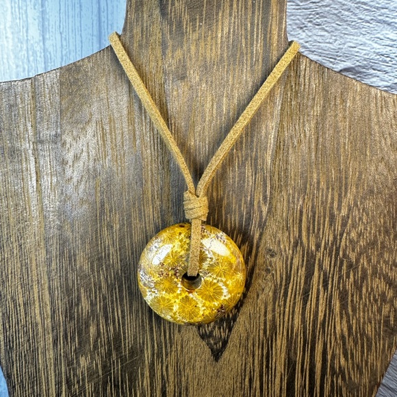 Jewelry - Yellow Coral Fossil Donut Pendant on Brown Faux Suede
